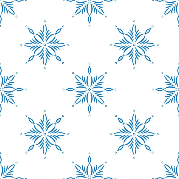 Blue Snowflake Doodle Seamless Pattern White Background Hand Draw Winter — Stock Vector