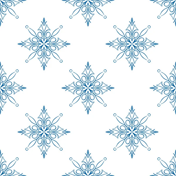 Blaues Schneeflockenkritzelmuster Auf Weißem Hintergrund Hand Zeichnen Winterliche Elemente Und — Stockvektor