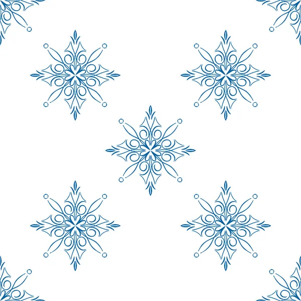 Blue Snowflake Doodle Seamless Pattern White Background Hand Draw Winter — Stock Vector