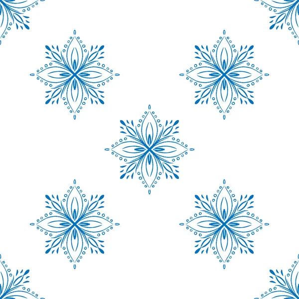 Modrá Sněhová Vločka Čmáranice Bezešvé Vzor Bílém Pozadí Ručně Kreslit — Stockový vektor