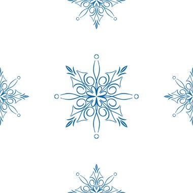Mavi kar tanesi, beyaz arka planda kusursuz desen çiziyor. El çizimi kış öğeleri ve bayram kartı, baskı, etkinlik, ambalaj kağıdı ve tekstil sembolü. Ev ve tekstil için Doodle vektör tasarımı