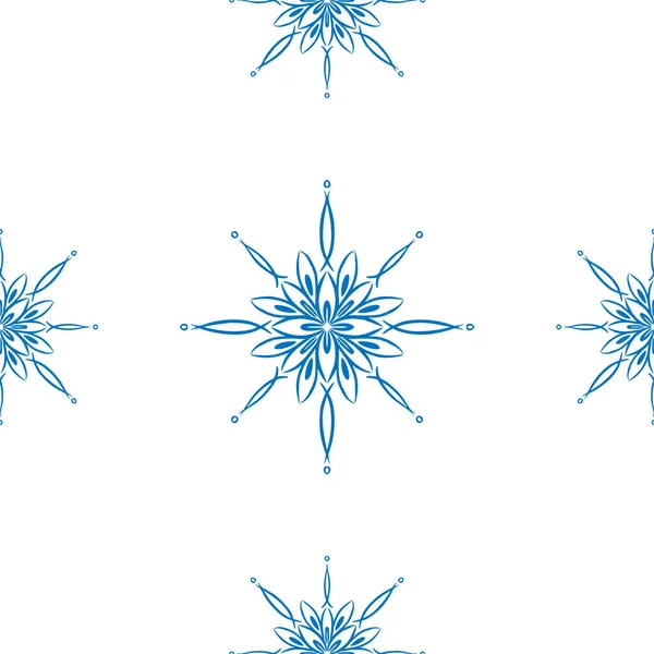 Blauwe Sneeuwvlok Doodle Naadloos Patroon Witte Achtergrond Hand Tekenen Winter — Stockvector