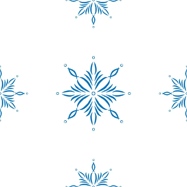 Niebieski Śnieżynka Doodle Bezszwowy Wzór Białym Tle Ręcznie Rysować Elementy — Wektor stockowy