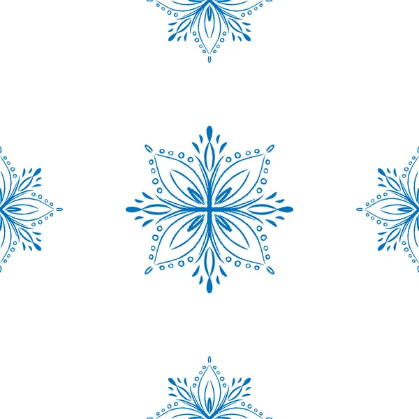 Blauwe Sneeuwvlok Doodle Naadloos Patroon Witte Achtergrond Hand Tekenen Winter — Stockvector