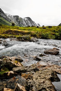 Küçük evleri ve çim bir vadide çatıda ahşap kabin ile dağ köyü. Barakaların yeşil çim ve mera üzerinde duruyor. Karla kaplı dağlar.