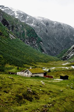 Norveç'te bir vadide renkli evleriyle eski mezar dağ köyü