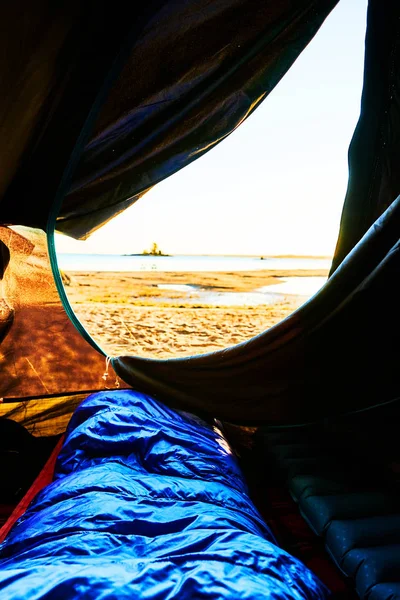Waking Sunrise View Out Tent Beach Looking Sand Water Sweden — Stock Photo, Image