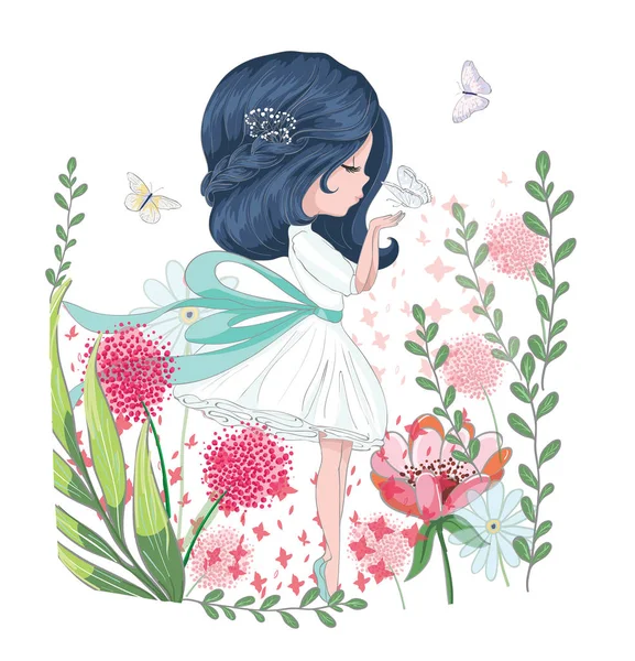 Девушка, дующая бабочками — стоковый вектор