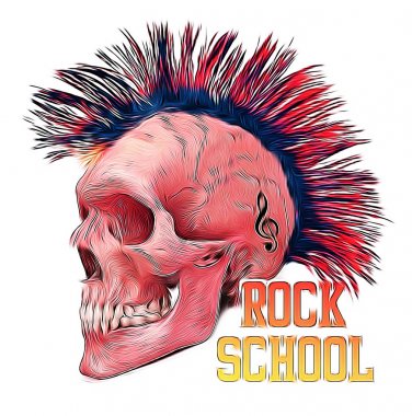 Rock'n roll temalı grafik kafatası ile