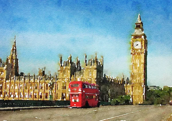 London, Wielka Brytania. Czerwony autobus w ruchu i Big Ben, Pałac Westminsterski — Zdjęcie stockowe