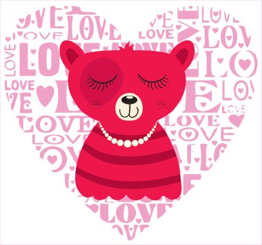 Pembe Kalp arka plan üzerinde komik pembe çizgili ayı