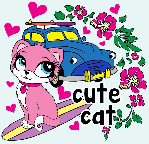 Lindo gato rosa con coche azul camiseta ilustración — Archivo Imágenes Vectoriales
