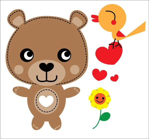 Lindo oso marrón con pájaro, corazones y flores — Vector de stock