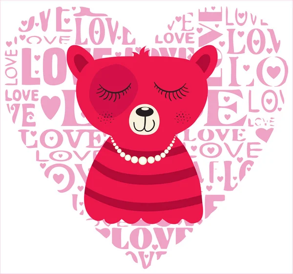 Divertido oso de rayas rosadas sobre fondo de corazón rosa — Vector de stock