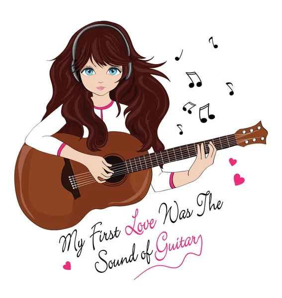 Belle fille romantique avec écouteurs et guitare — Image vectorielle