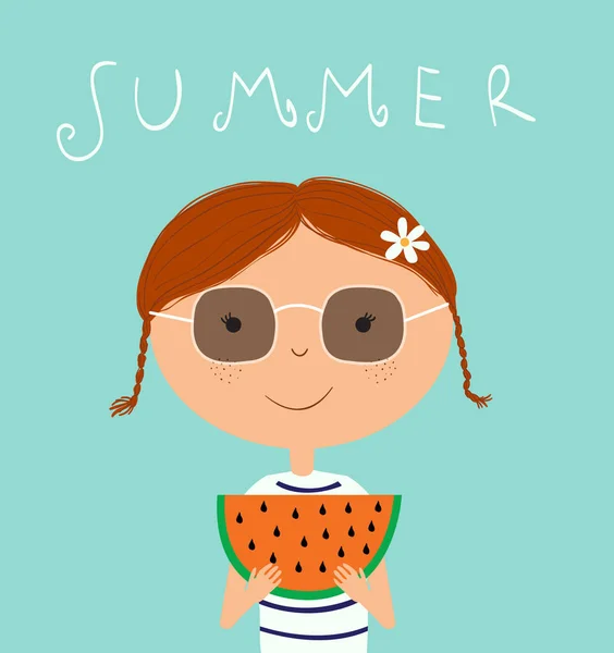 Linda chica de verano con sandía — Vector de stock