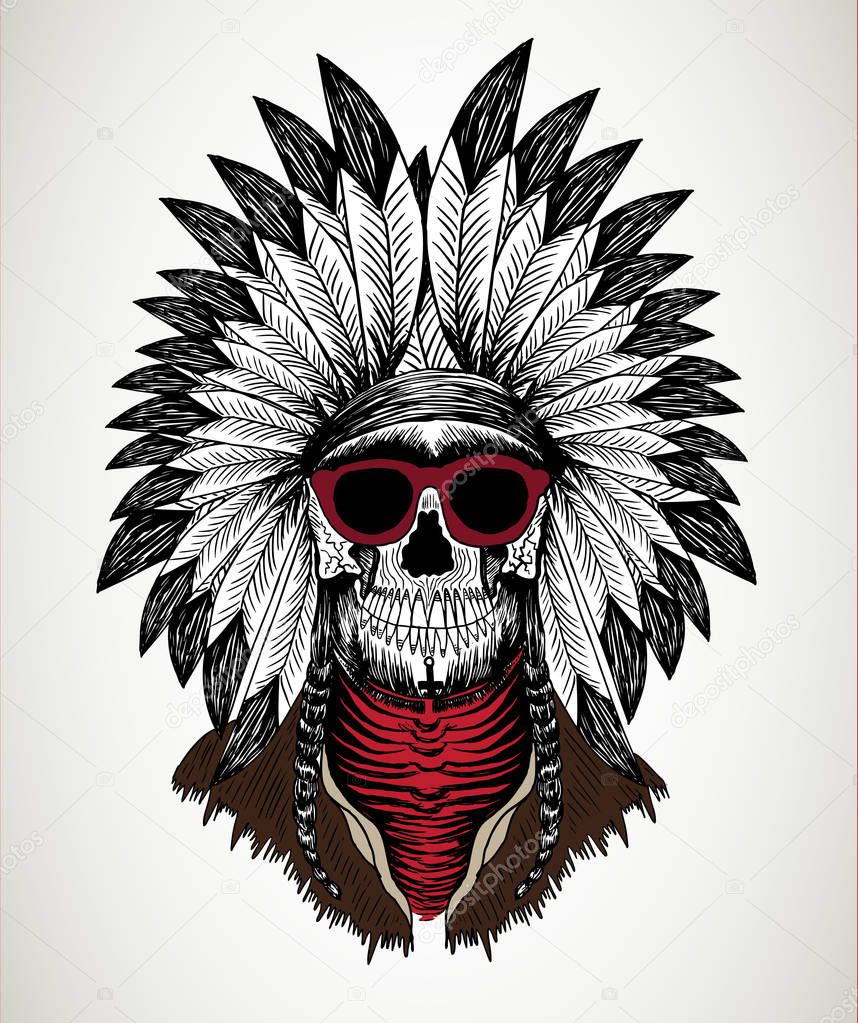 Skull with indian headdress and sunglasses