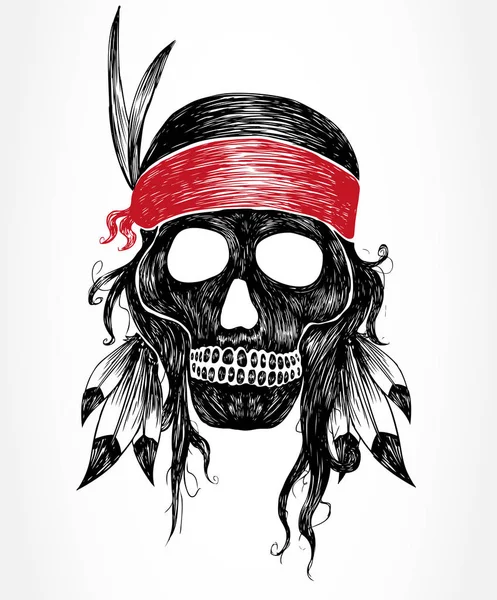 Crâne avec coiffe indienne rouge — Image vectorielle