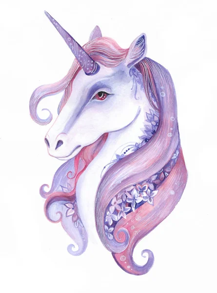 Hand drawn watercolor  unicorn with flowers