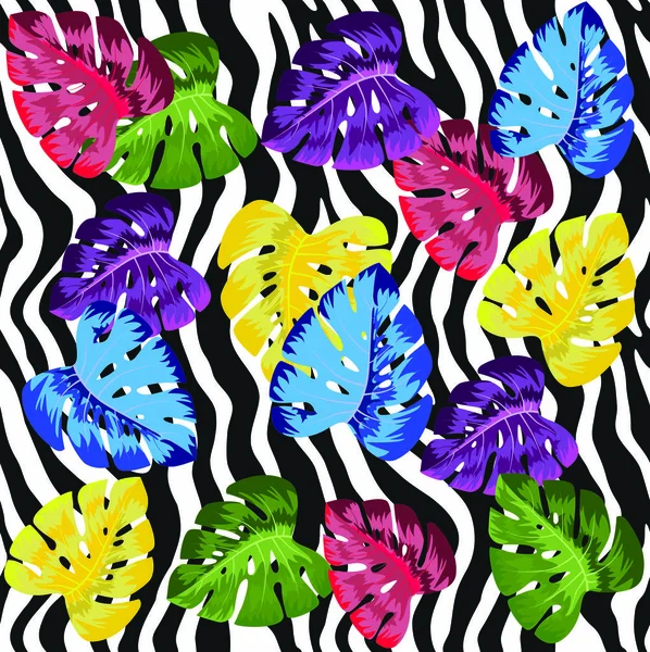 Tropikal yaprak ve yaprak zebra arka plan üzerinde. Hayvan baskı Burak