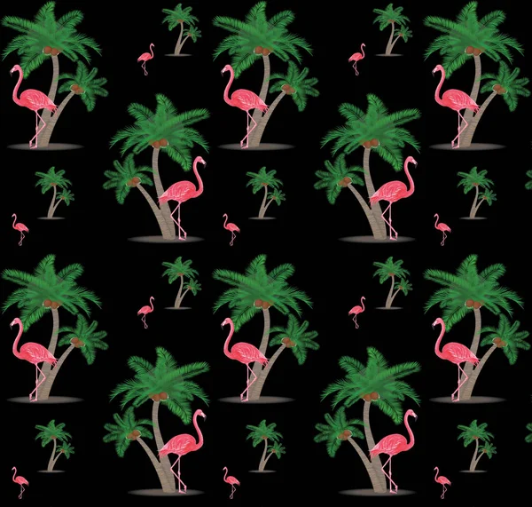 Pink flamingos, tropical flowers and palm leaves, hibiscus. Beau — Stock Photo, Image