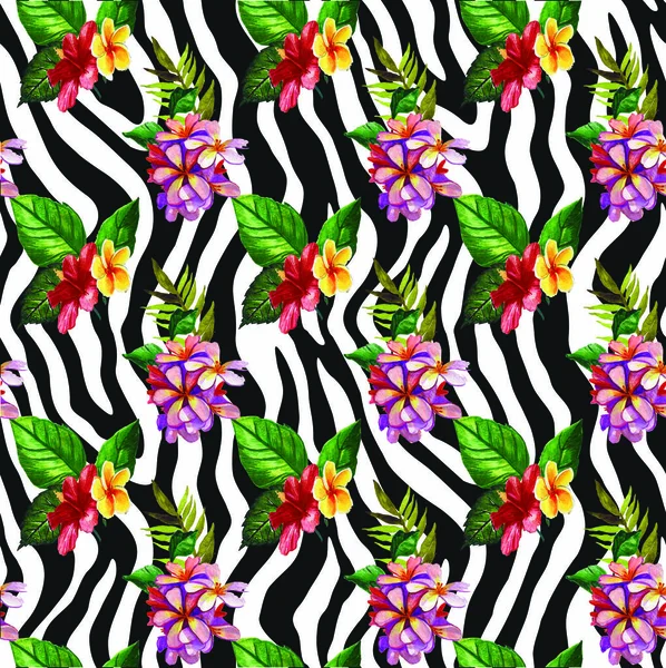 Tropikal çiçek ve yaprak zebra arka plan üzerinde. Hayvan baskı SK