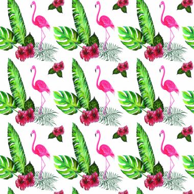 Pembe flamingolar, tropik çiçekler ve palmiye yaprakları, ebegümeci. Beau