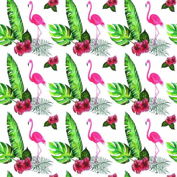 Pembe flamingolar, tropik çiçekler ve palmiye yaprakları, ebegümeci. Beau