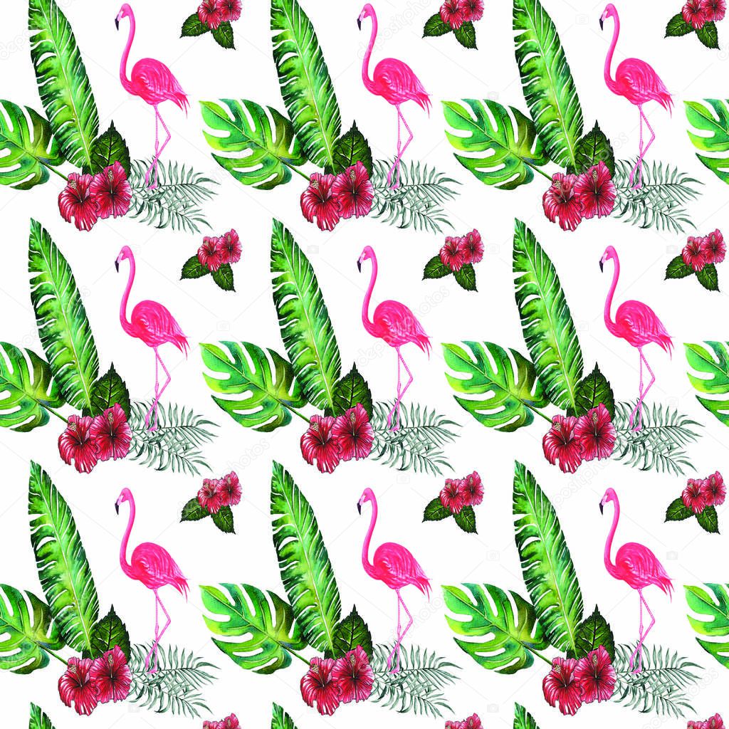 Pink flamingos, tropical flowers and palm leaves, hibiscus. Beau