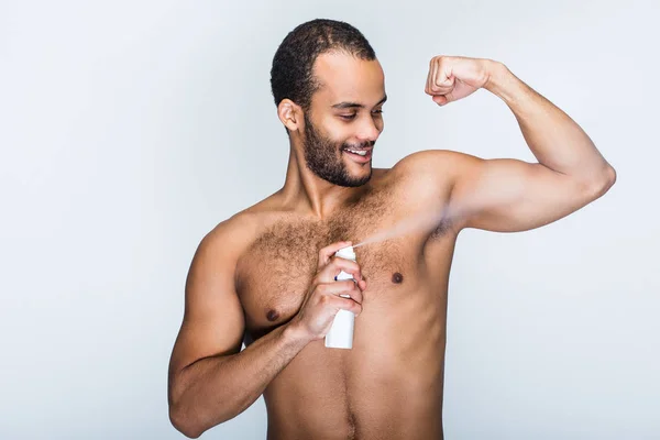 Clean Fresh Handsome Shirtless Young Black Man Using Deodorant Smile — Stock Photo, Image