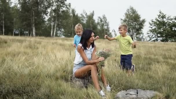 Crianças brincam com minha mãe nas montanhas uma família divertida — Vídeo de Stock