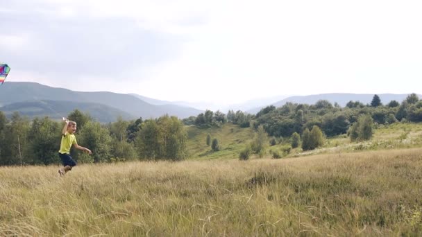 Chłopiec biegnie i uruchamia węża w górach — Wideo stockowe