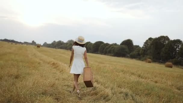 字段。日落。一个年轻的女孩走到一顶草帽和一个手提箱的字段. — 图库视频影像