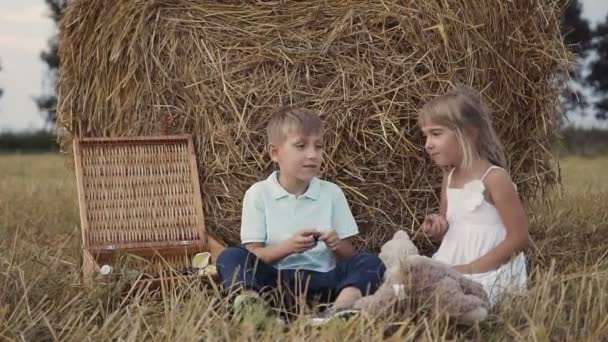 Fältet med balar halm. Lyckliga barn äta druvor i fältet. Solnedgång — Stockvideo
