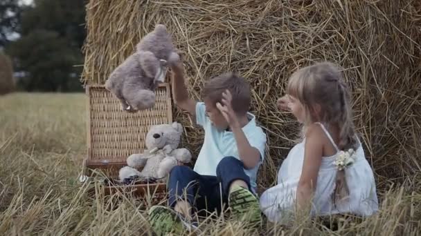 O menino e a menina estão jogando divertidos ursos de brinquedo macios. Uma rapariga de vestido branco. Pôr do sol — Vídeo de Stock