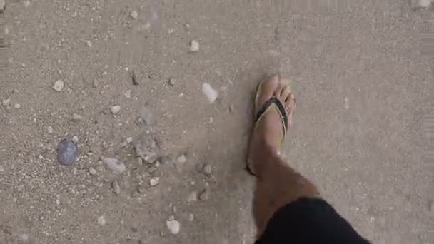 Ноги в тапочках следуют за пляжем Адриатического моря, и морская вода покрывает их своими волнами — стоковое видео