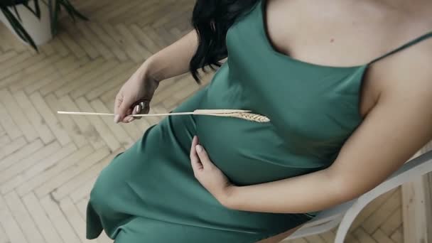 Eine schwangere Frau hält Weizen in den Händen und berührt sie sanft am Bauch — Stockvideo