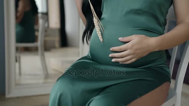 Une femme enceinte tient dans les mains du blé et la touche doucement à son abdomen — Video