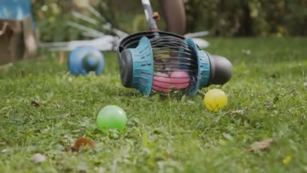 Roll tool that collects balls in the park. Roll tool for collecting apples and balls — Stock Video