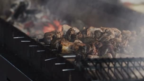 El humo se eleva sobre la carne frita en los pinchos de las brasas. Carne en la parrilla — Vídeos de Stock