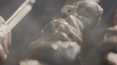 Yakın çekim. Et şiş üzerinde Mangal kömürleri