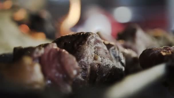 Печёное мясо в огне, барбекю, кебаб — стоковое видео