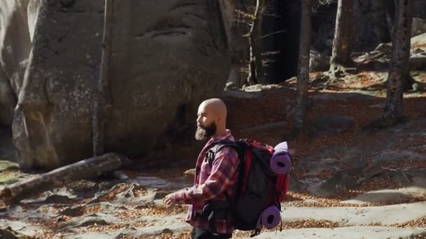 A young man with a beard descends from the mountains. A tourist with a backpack on his shoulders. The traveler went on a hike in the forest in the autumn season — Stock Video