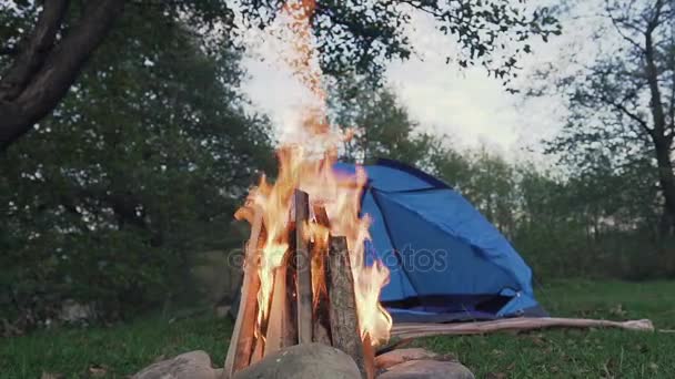 Kampvuur en toeristische tent in het bos door de rivier — Stockvideo