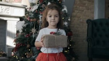 Yakın çekim. Gülümseyen ve bir kutu içinde bir Noel hediyesi tutan genç mutlu kız