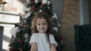 Noel ağacının yanında duran ve bir Noel hediyesi kutusunda tutan küçük güzel kız