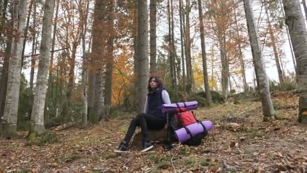 Young beautiful woman tourist sitting on halt in forest. Beautiful brunette tourist girl sits in the forest near her red backpack. , Autumn tourism concept — Stock Video