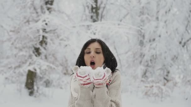 Gros plan. L'hiver est jeune femme souffle la neige de ses mitaines tricotées Fille s'amuser dans le parc d'hiver. Belle jeune femme qui s'amuse en plein air — Video