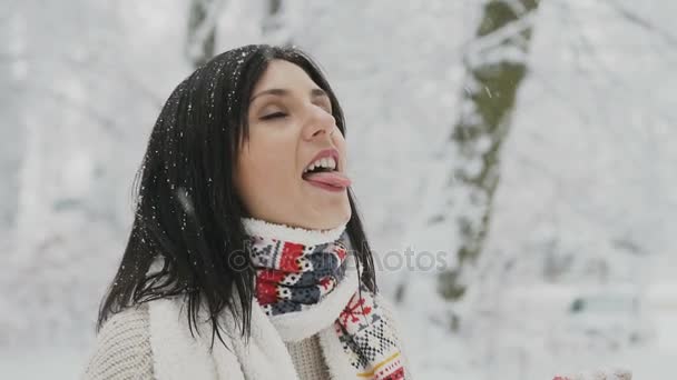 Lustige junge Frau, die bei Schneefall in einem wunderschönen Winterpark Schneeflocken mit der Zunge fing. glückliche Zeit, Urlaub — Stockvideo