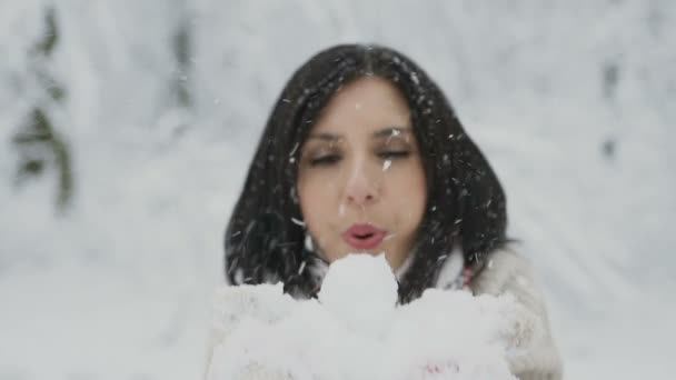 クローズ アップ。冬は彼女のニットのミトン女の子から若い女性が吹く雪冬の公園で楽しんでいます。アウトドアで楽しく美しい若い女性 — ストック動画